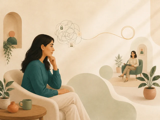 زنی نشسته و در فکر، با گره‌ای از افکار تکرارشونده بالای سرش که به سمت درمانگر باز می‌شود