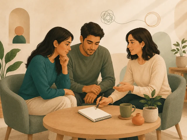 زن و مردی رو‌به‌روی هم پشت میز، با نشان قلبی میانشان